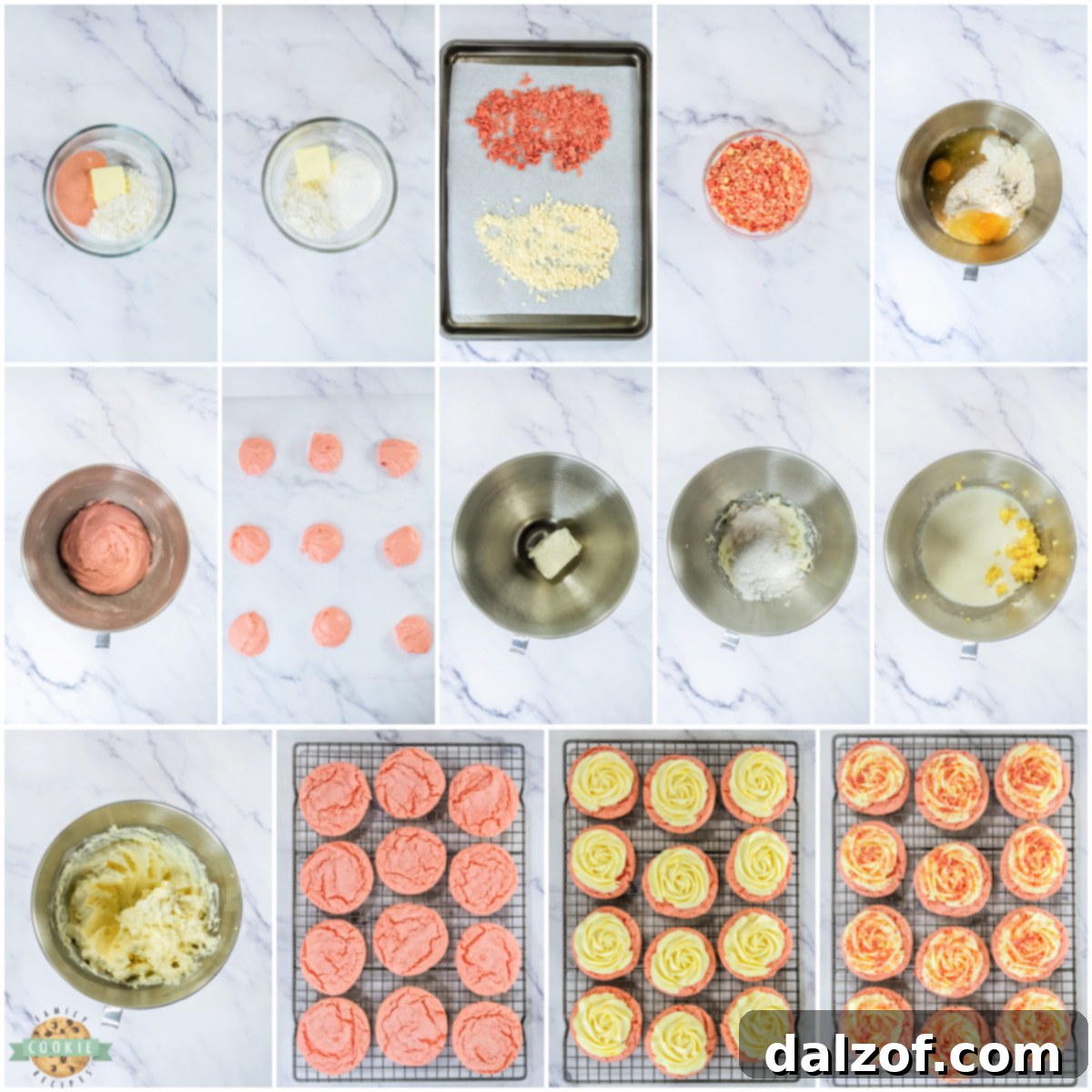 Step by step instructions on how to make Copycat Crumbl Strawberry Shortcake Cookies. 