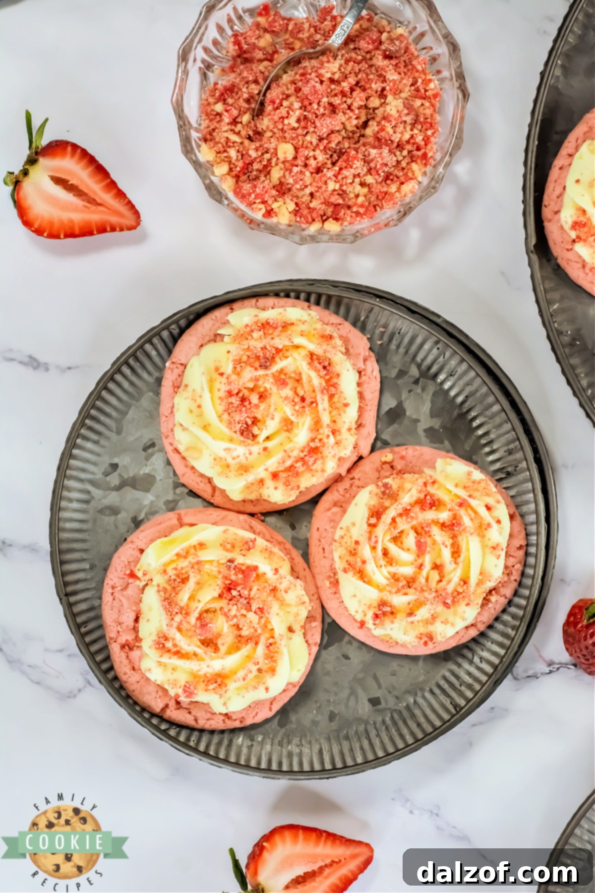 Copycat Crumbl Strawberry Shortcake Cookies made with cake mix, creamy frosting, and streusel topping. Sweet, soft, and bakery-style!
