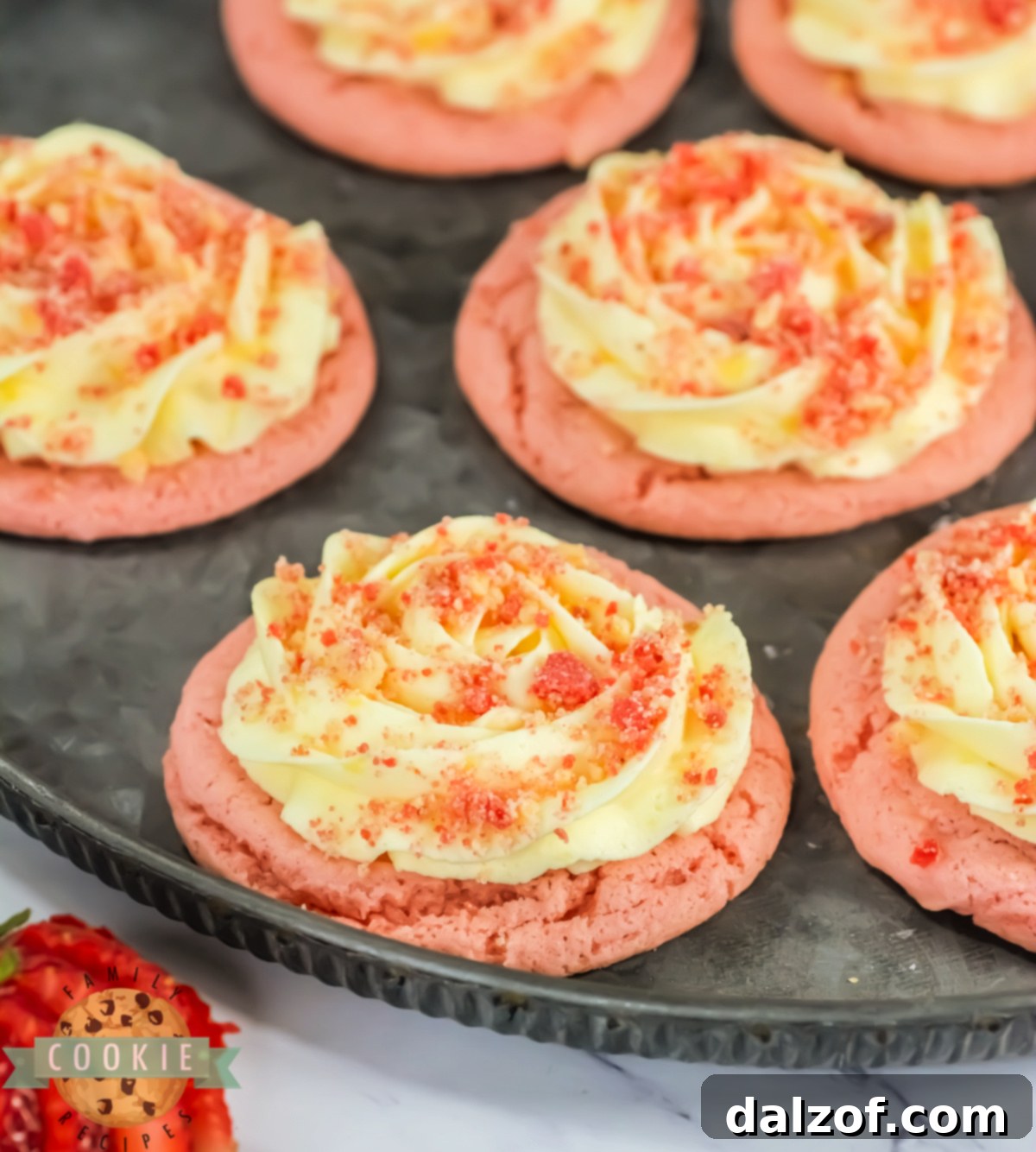 Copycat Crumbl Strawberry Shortcake Cookies made with cake mix, creamy frosting, and streusel topping. Sweet, soft, and bakery-style!