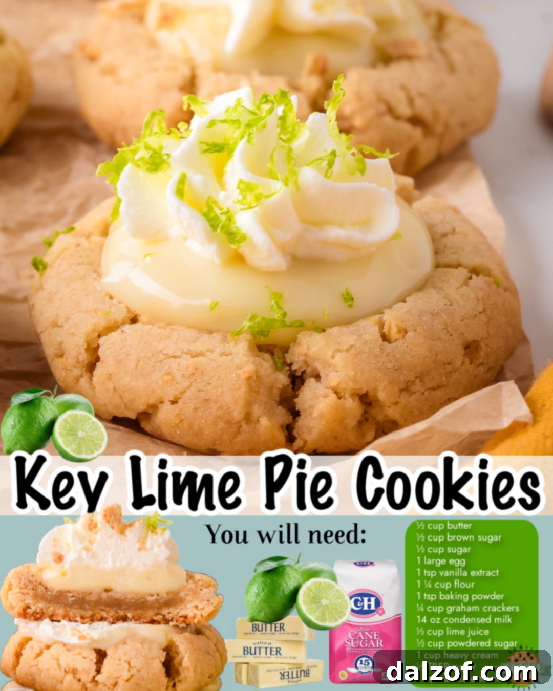 Key Lime Cookies are buttery sugar cookies topped with a creamy key lime filling and freshly whipped cream. Everything you love about key lime pie, in a cookie!