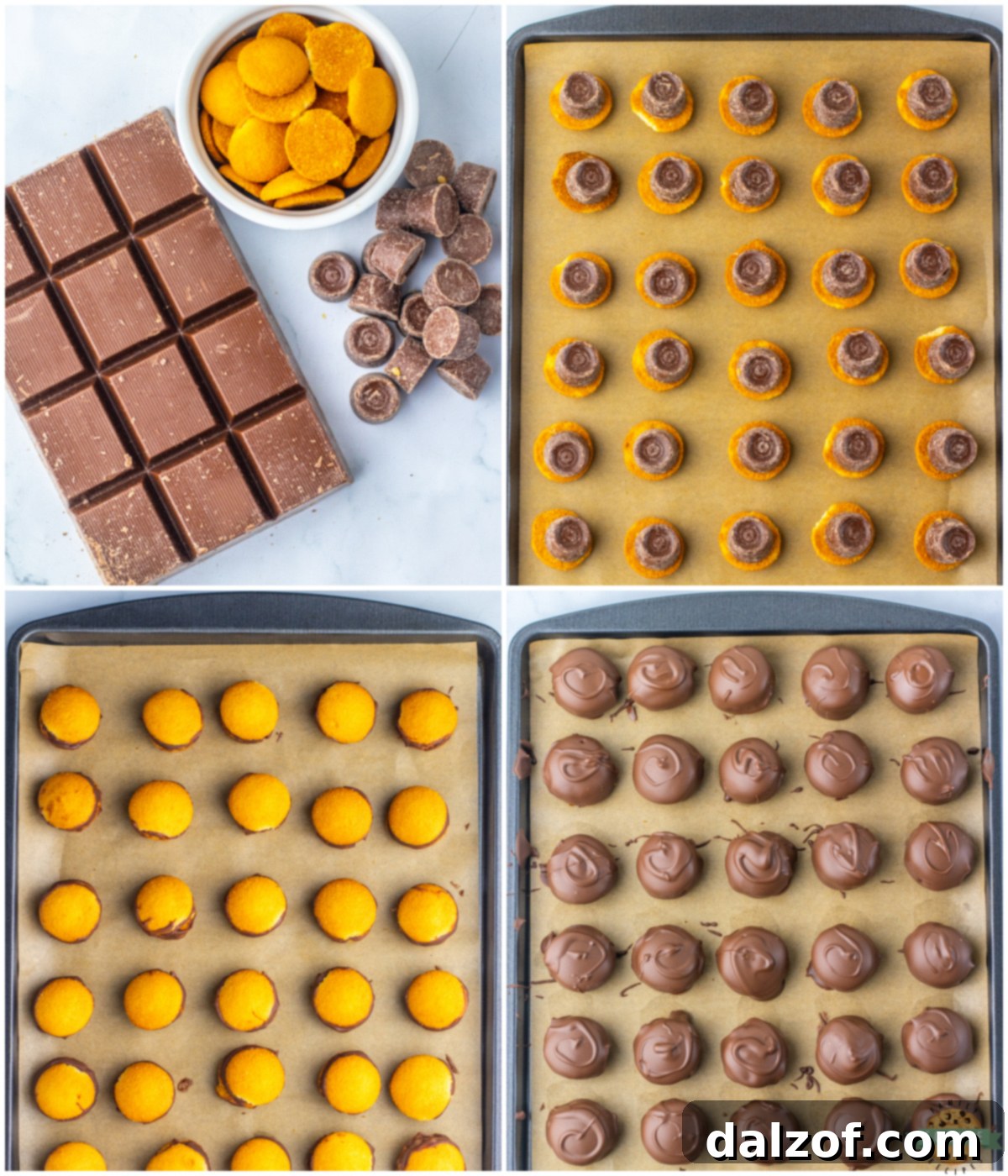 Close-up shot showing the assembly process of 3-ingredient Twix Bites, with a Rolo chocolate placed on a Nilla wafer cookie before baking.