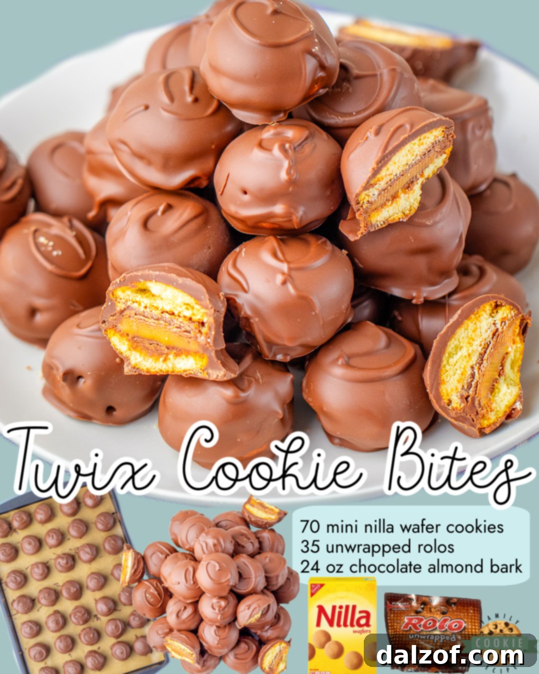 Twix Cookie Bites made easy with Nilla wafer cookies, Rolo chocolates and almond bark! No-bake chocolate caramel cookies with classic Twix flavor, presented beautifully.