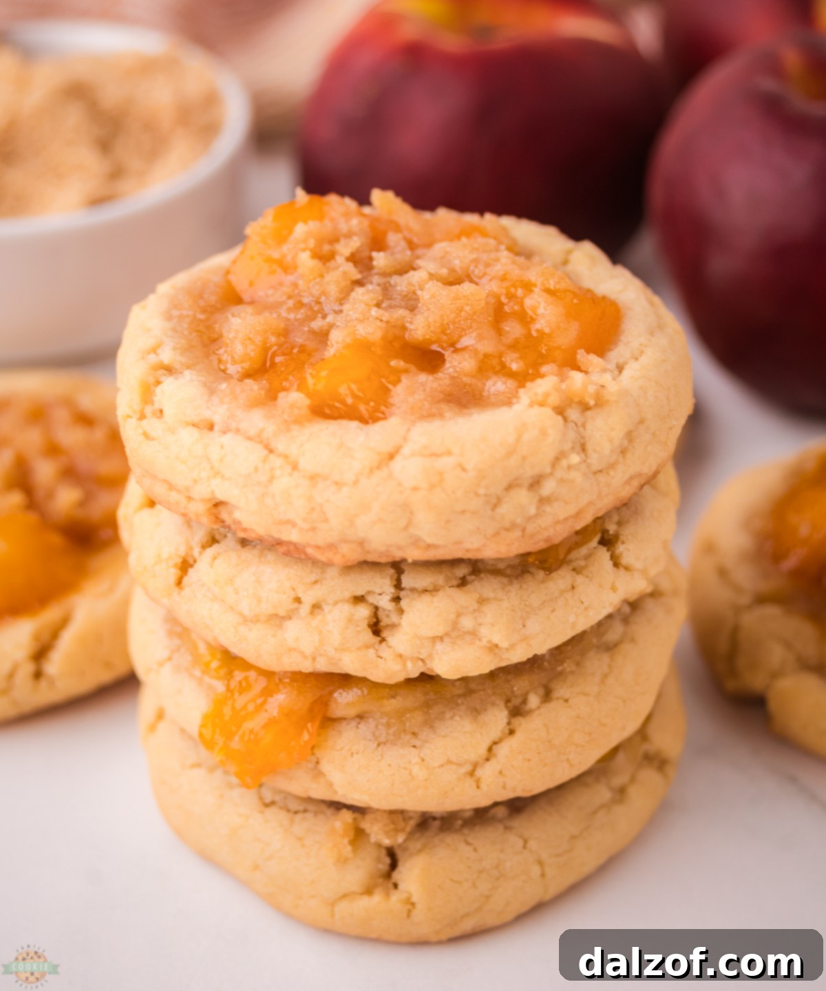 Stacked peach cobbler cookies with a generous streusel topping, ready for a delicious treat.