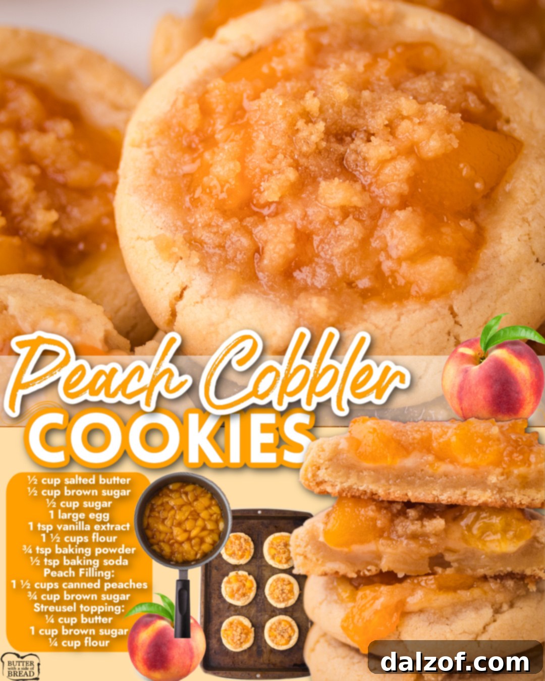 Peach Cobbler Cookies made with a buttery sugar cookie dough topped with sweet peaches & brown sugar streusel topping. Everything you love about peach cobbler in cookie form!