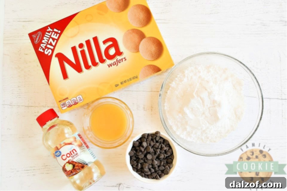 Ingredients in No Bake Chocolate Orange Cookies: Semi-sweet chocolate chips, powdered sugar, vanilla wafers, orange juice, light corn syrup.