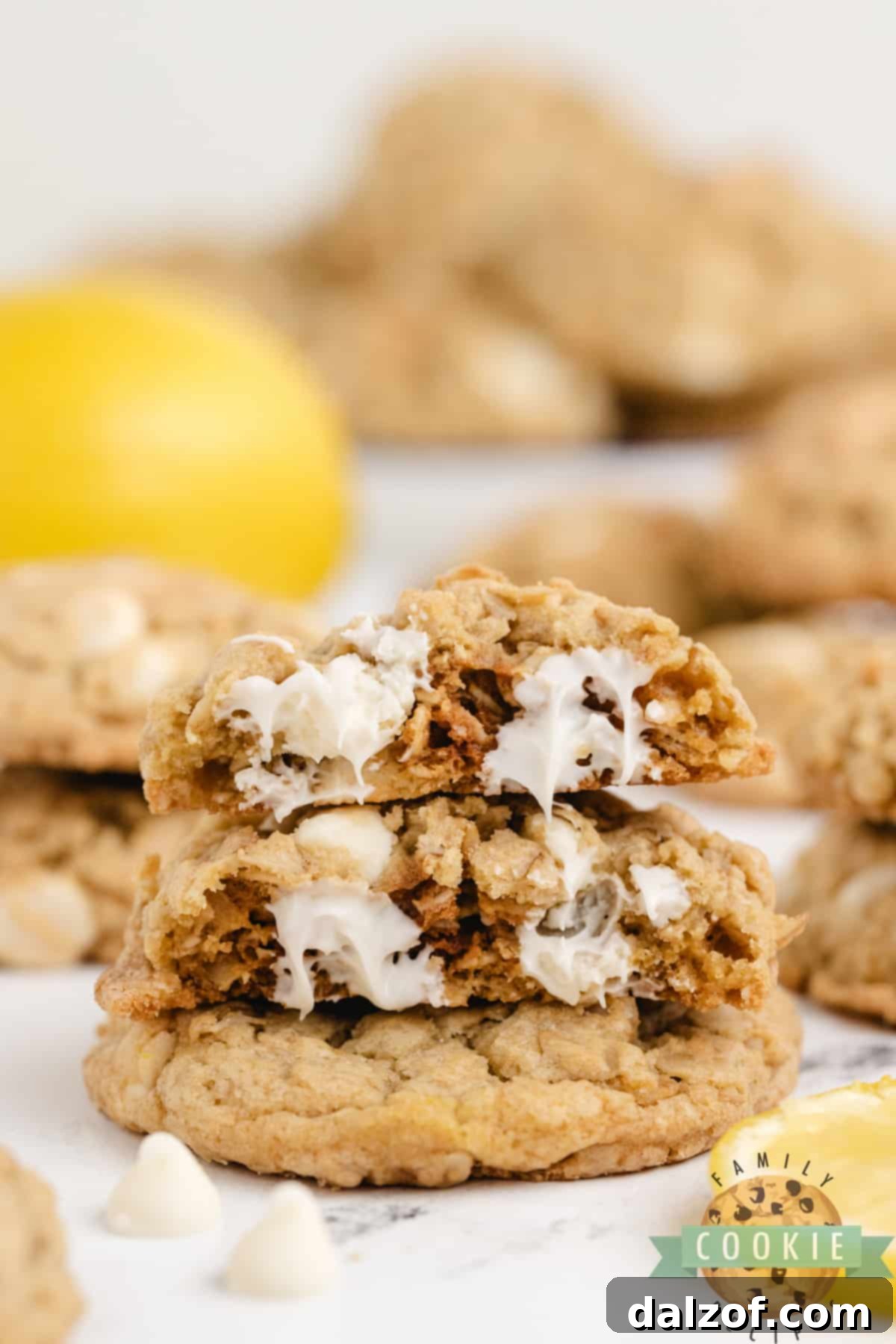 Lemon oatmeal cookies with a scattering of white chocolate chips.