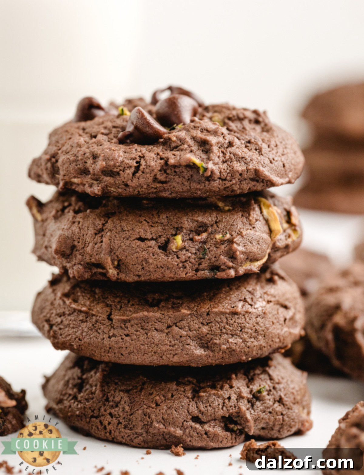 A stack of soft chocolate zucchini cookies with melty chocolate chips visible throughout.