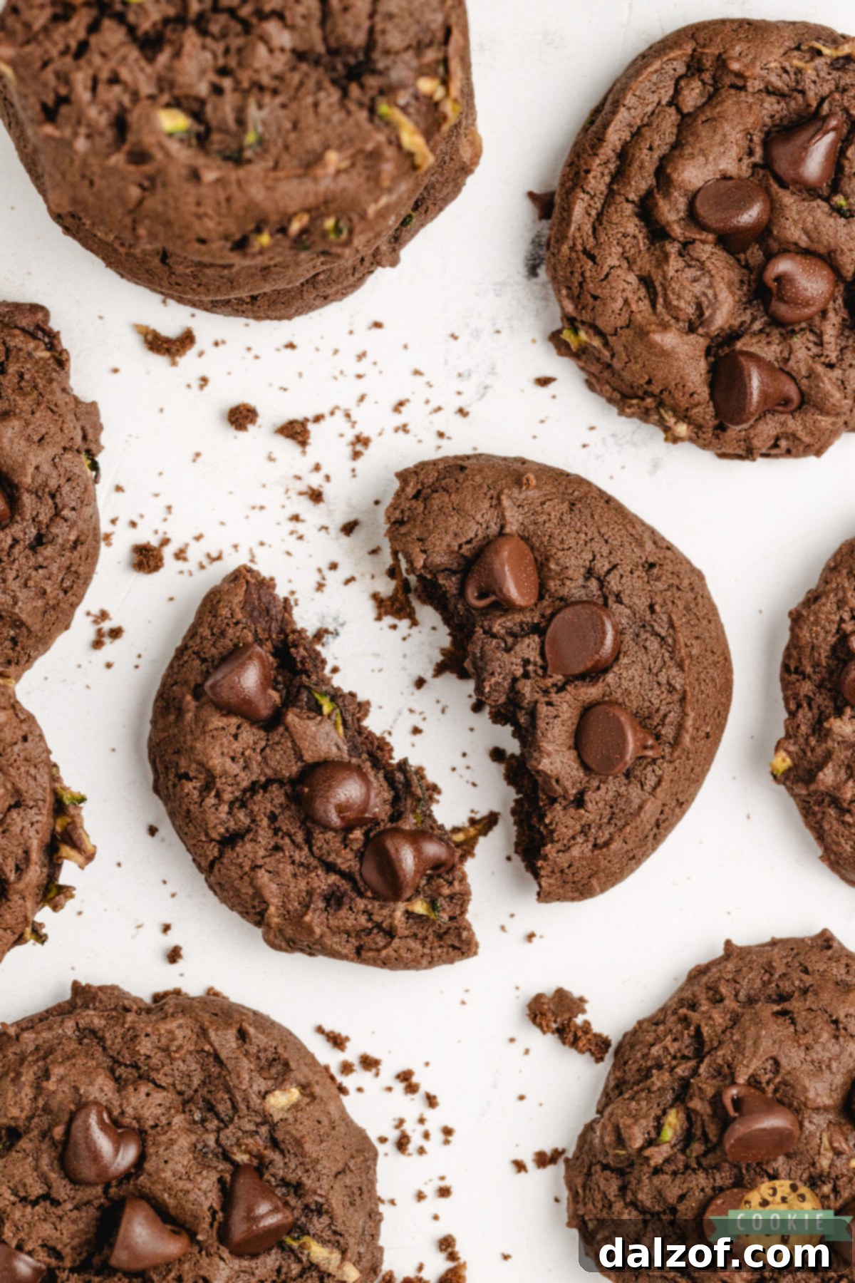 Close-up of a fudgy chocolate zucchini cookie broken in half, showing the rich, moist center.