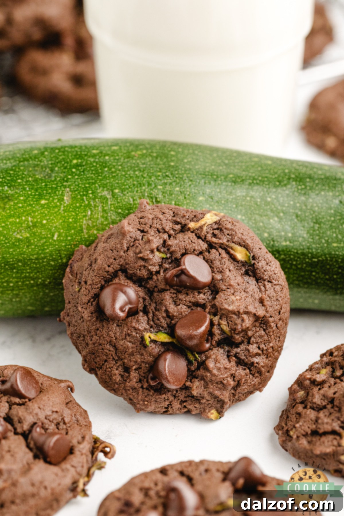 One large chocolate zucchini cookie in front of a large zucchini.