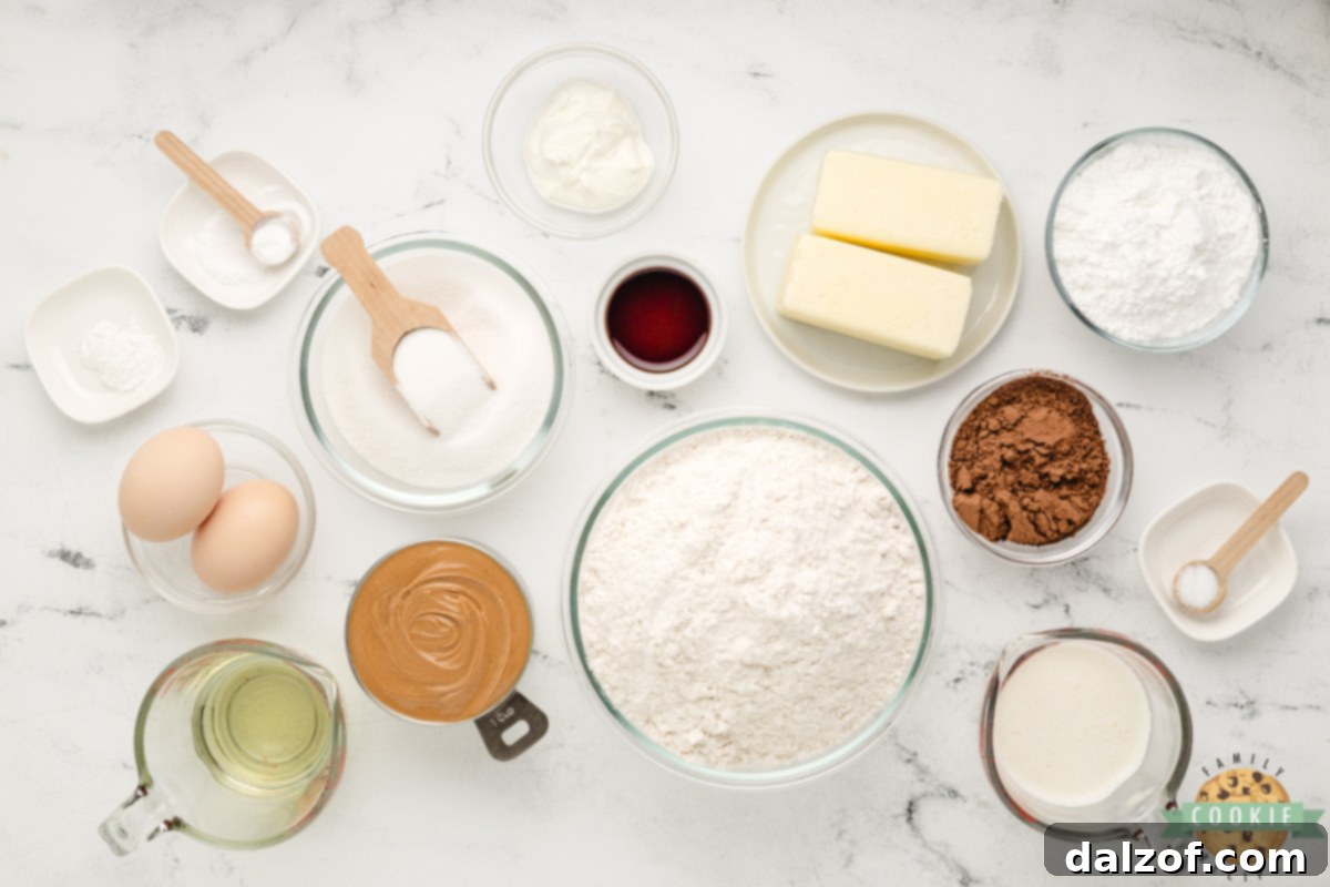 Essential ingredients for baking soft and thick Peanut Butter Sugar Cookies, including butter, peanut butter, sugars, and leavening agents.