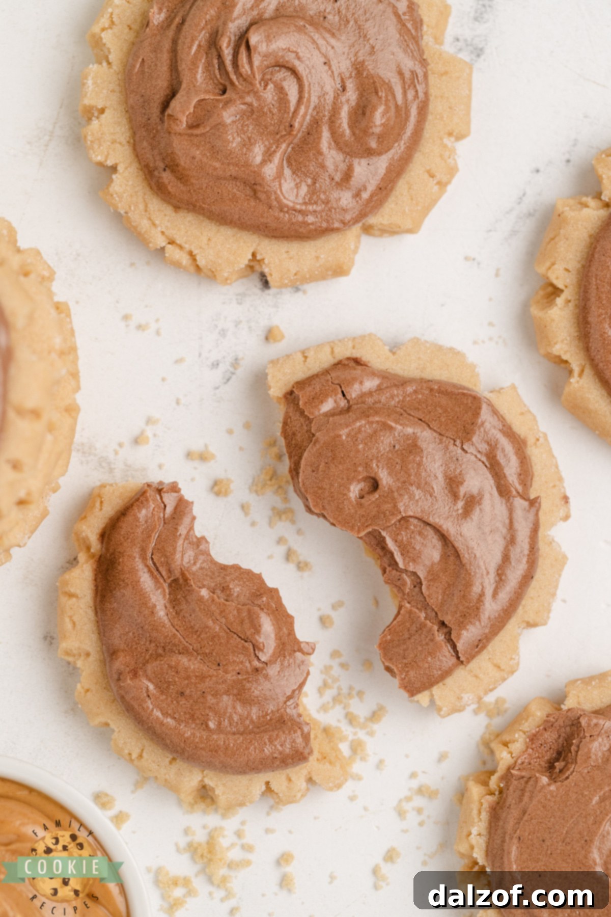 A stack of soft Peanut Butter Sugar Cookies, showcasing their thick texture and delicious chocolate frosting, ready to be enjoyed.