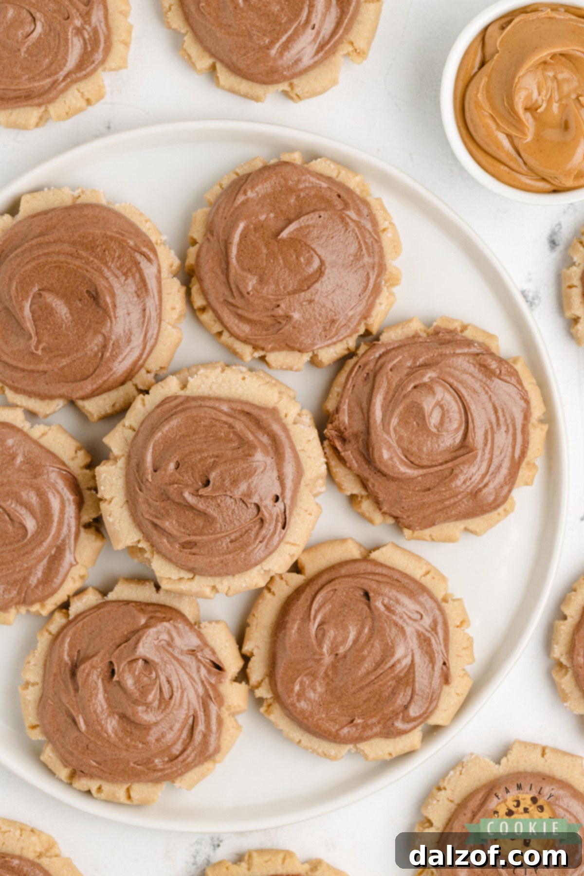 Delightful Peanut Butter Sugar Cookies, soft and thick, adorned with decadent chocolate frosting, perfect for any occasion.