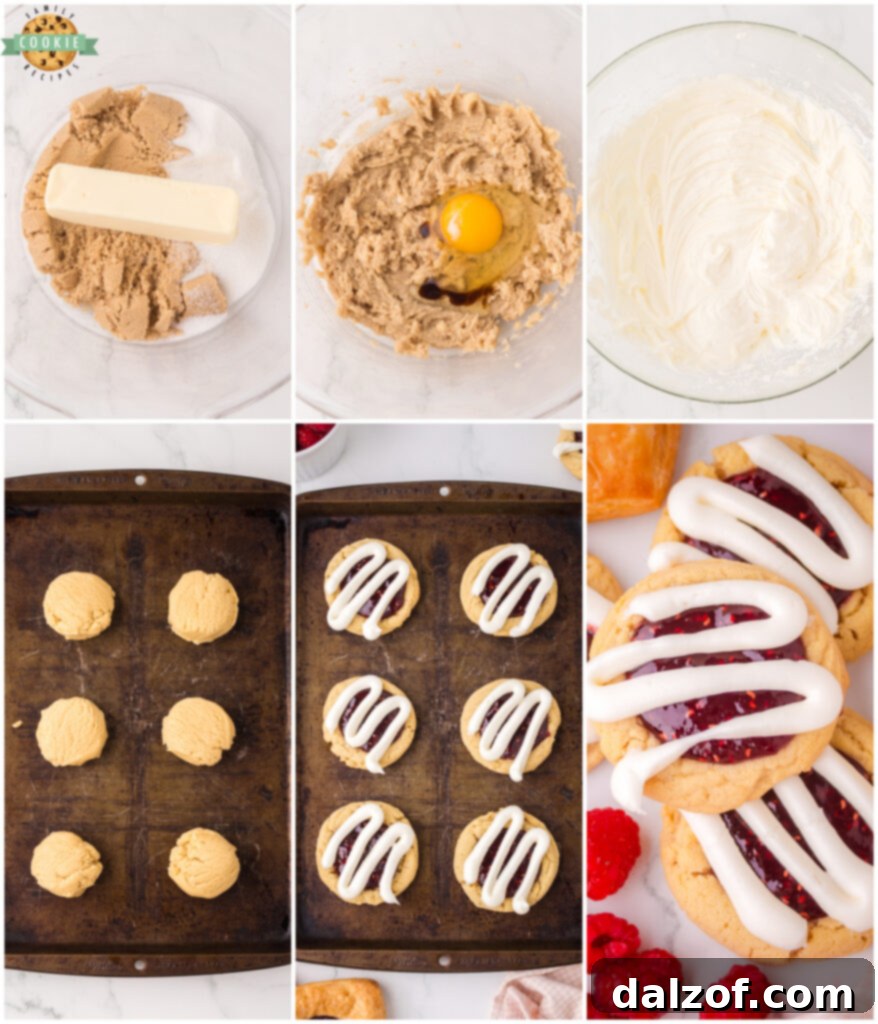 Step-by-step process of making raspberry danish cookies, showing dough, jam, and frosting