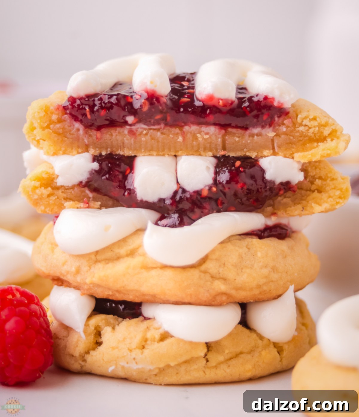 Stack of raspberry danish cookies with one cut in half, revealing the luscious raspberry jam filling