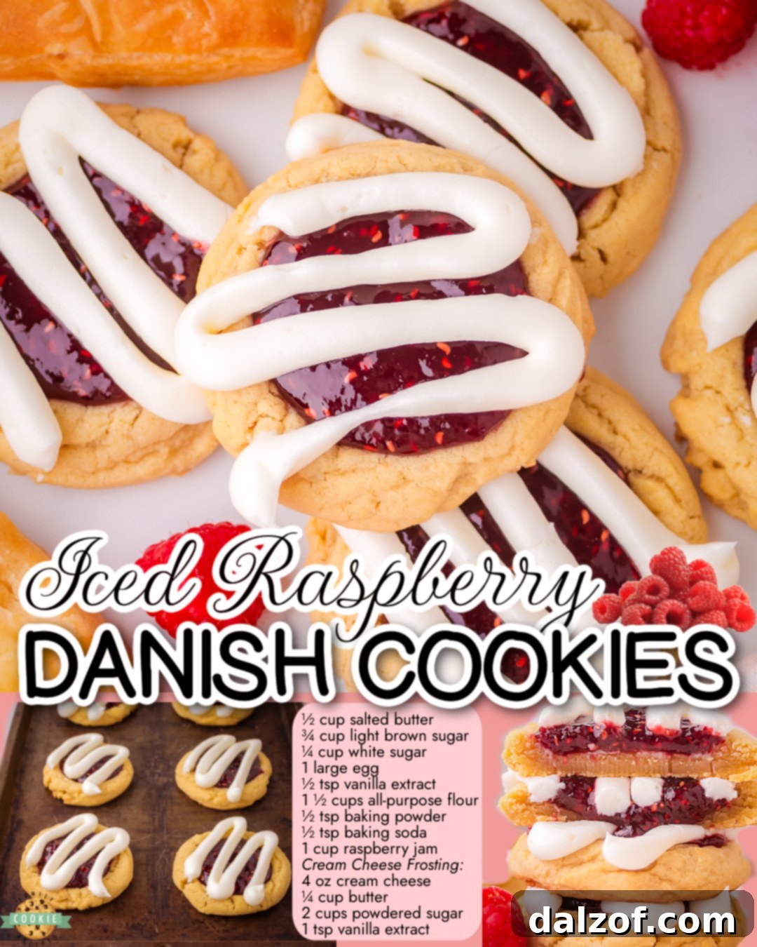 Beautifully arranged Raspberry Danish Cookies, featuring bright jam and white frosting, perfect for any gathering