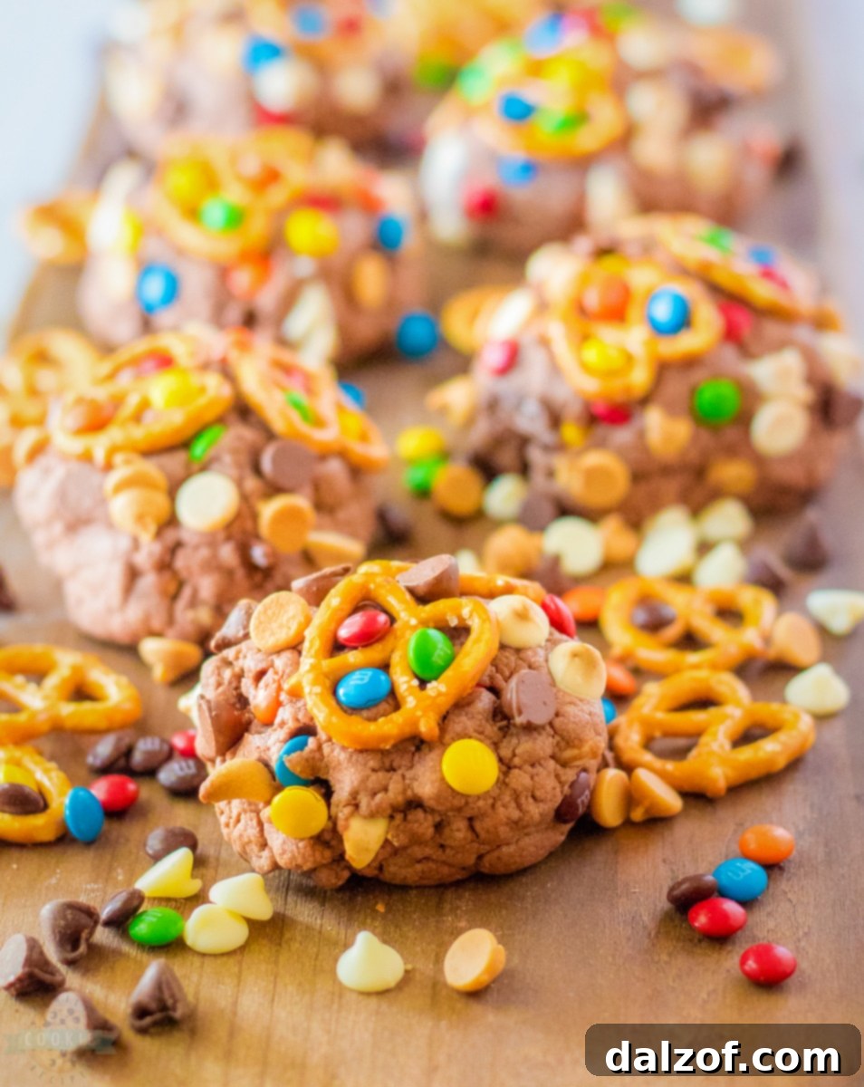 Delicious chocolate kitchen sink cookies with various toppings
