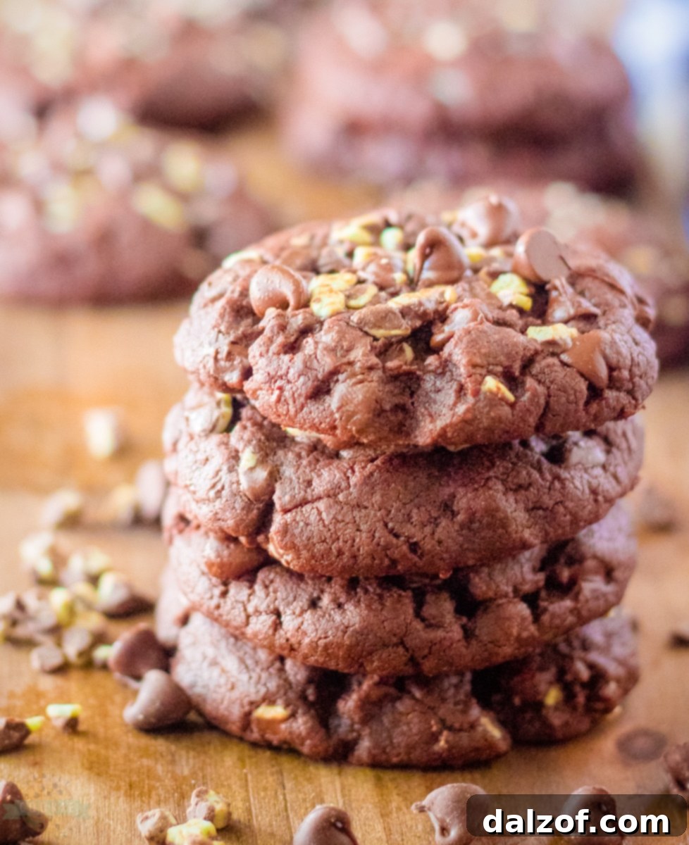 Fudgy Mint Chocolate Brownie Cookies 2 Mint Chocolate Brownie Cookies stacked on a cooling rack.
