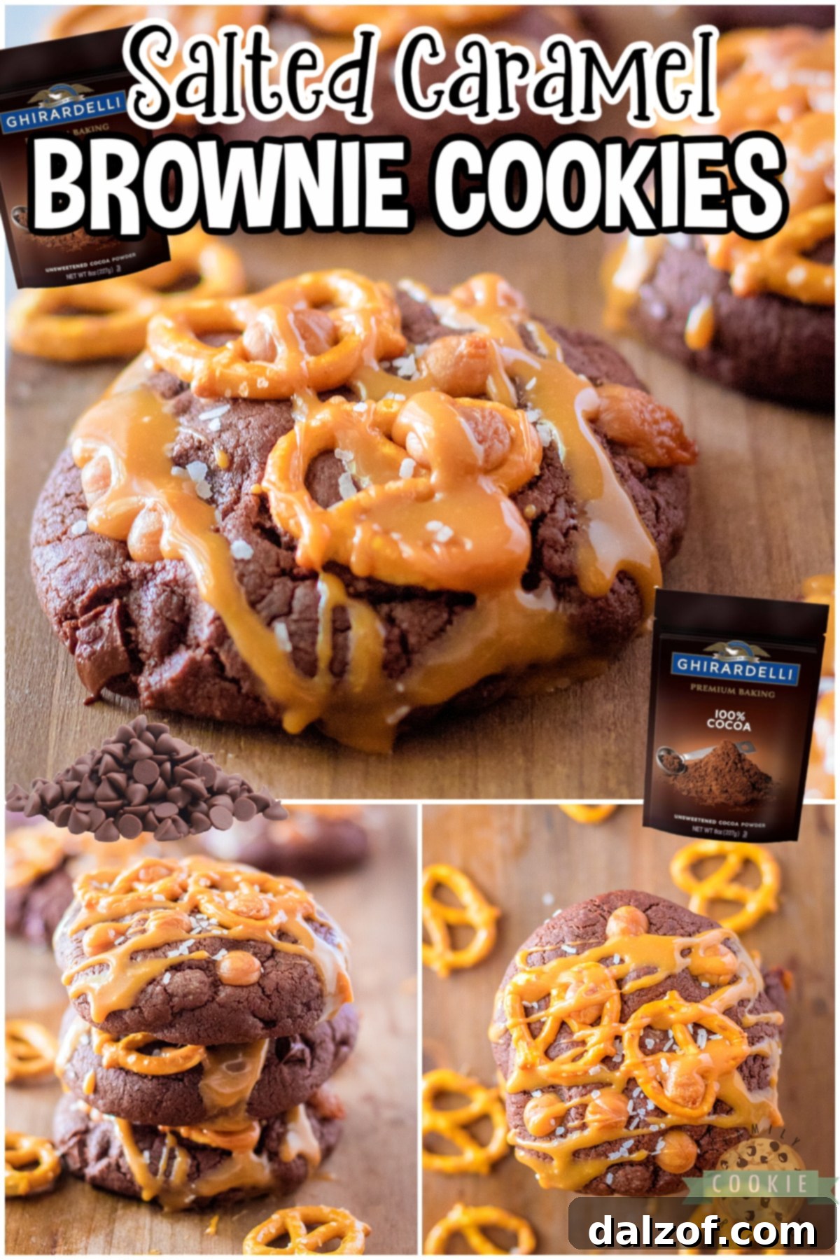 Arrangement of Salted Caramel Brownie Cookies with a recipe card