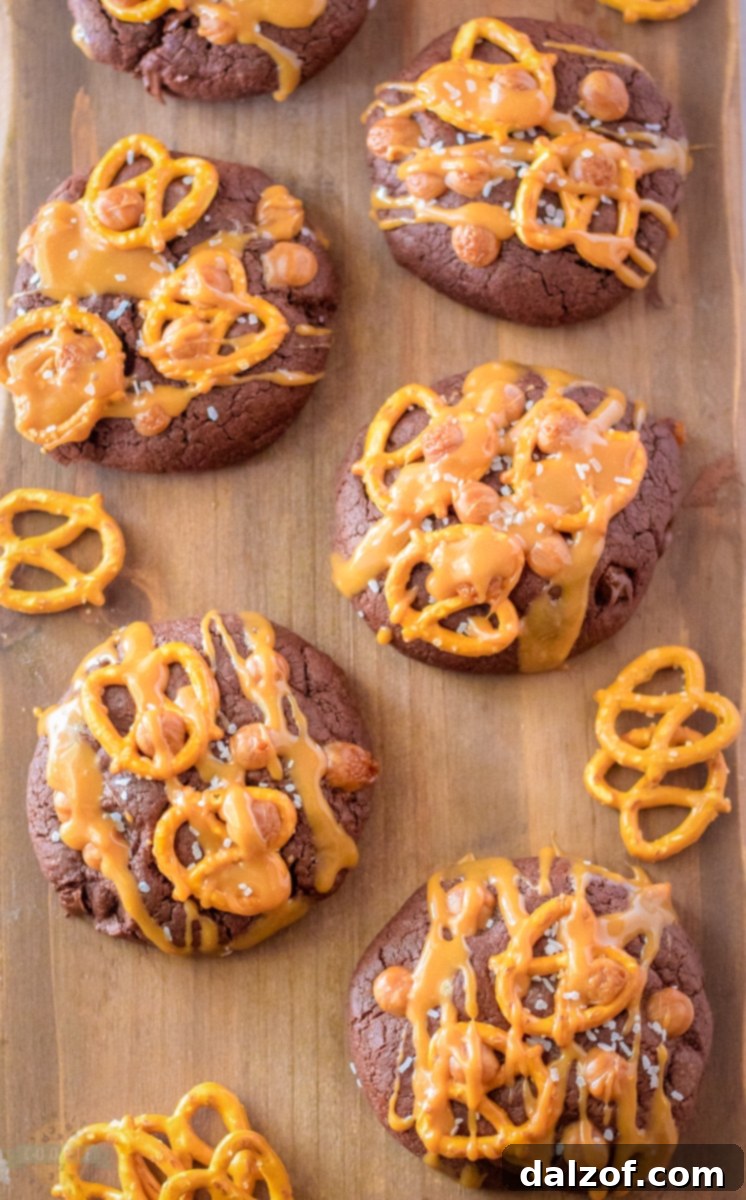 Single Salted Caramel Brownie Cookie with visible caramel and pretzel pieces