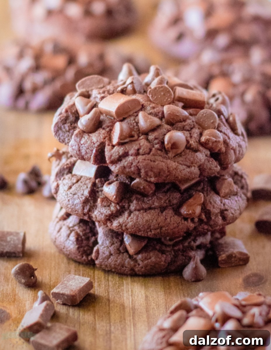 Ultimate Fudgy Brownie Cookies 2 Close-up of a stack of freshly baked Chocolate Brownie Cookies, showcasing their fudgy texture and chocolate chips.