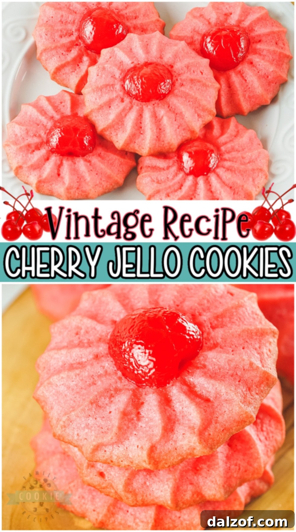 A Pinterest-optimized image showcasing Cherry Jello Cookies with text overlay