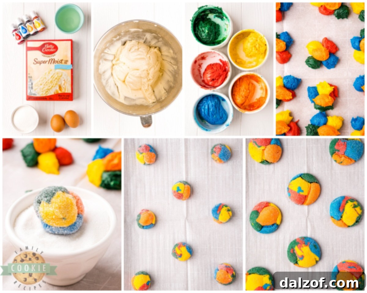 Process shot of mixing cake mix cookie dough with vibrant food coloring in a bowl, showing the transformation of the dough.