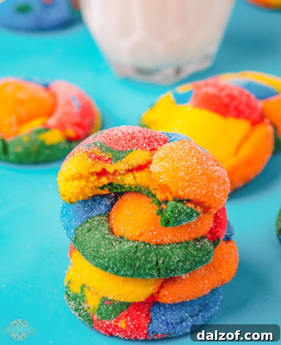 Two hands gently placing a vibrant colorful cake mix cookie onto a cooling rack with more cookies in the background, ready to cool.