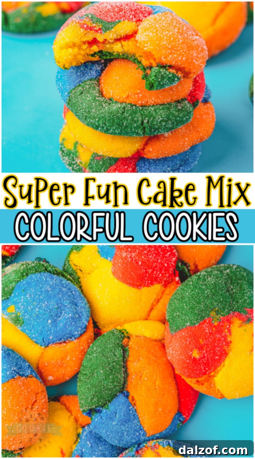 A visually appealing Pinterest-friendly image showcasing a stack of colorful cake mix cookies with recipe text overlaid, perfect for sharing.
