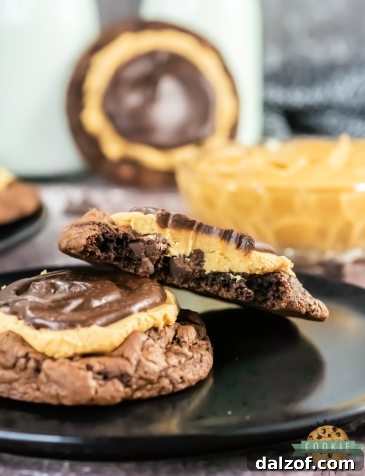 Gourmet Buckeye Brownie Cookies 6 A thick chocolate cookie base, beautifully topped with a creamy peanut butter layer and a luscious chocolate ganache.
