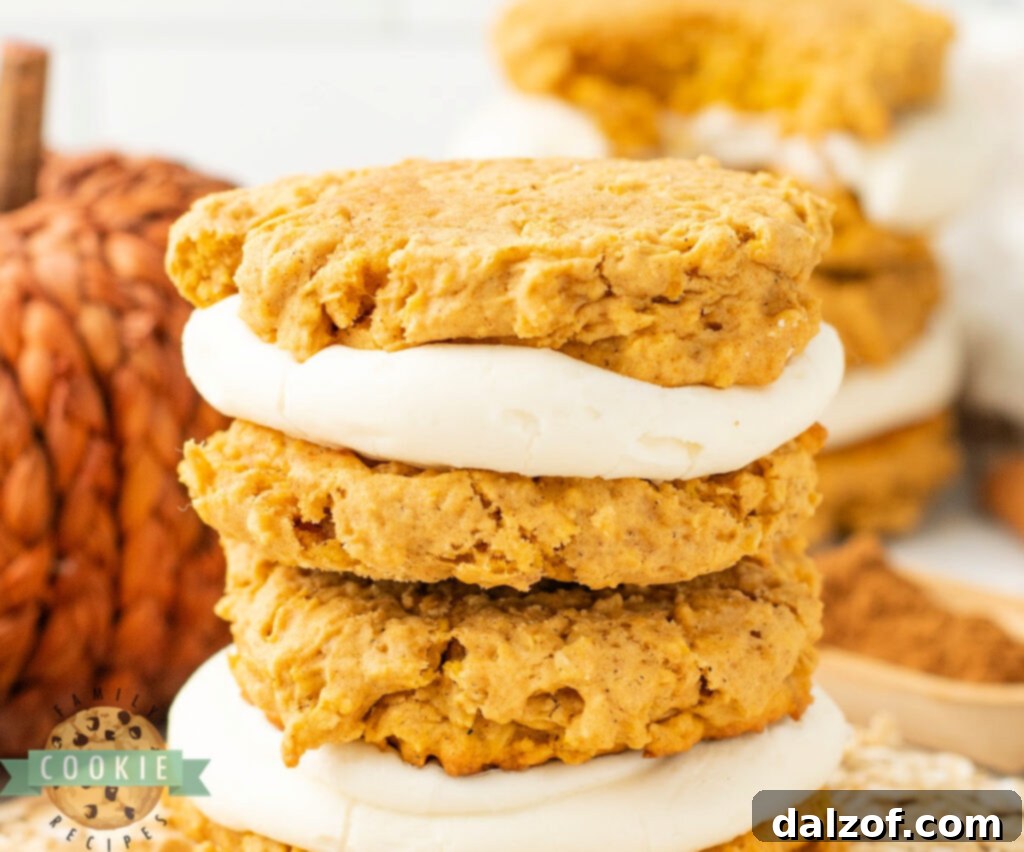 These Pumpkin Oatmeal Cream Pies are soft, chewy, and spiced with pumpkin, cinnamon & nutmeg, then filled with sweet cream cheese frosting. 