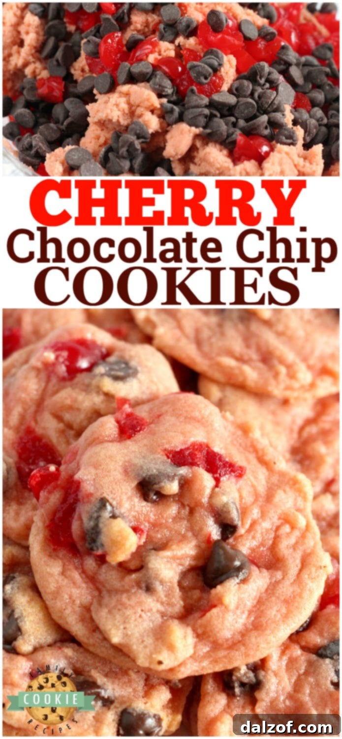 Cherry Chocolate Chip Cookies are soft, chewy and packed with cherry flavor, bits of maraschino cherries and chocolate chips! A fun and flavorful twist on traditional chocolate chip cookies!