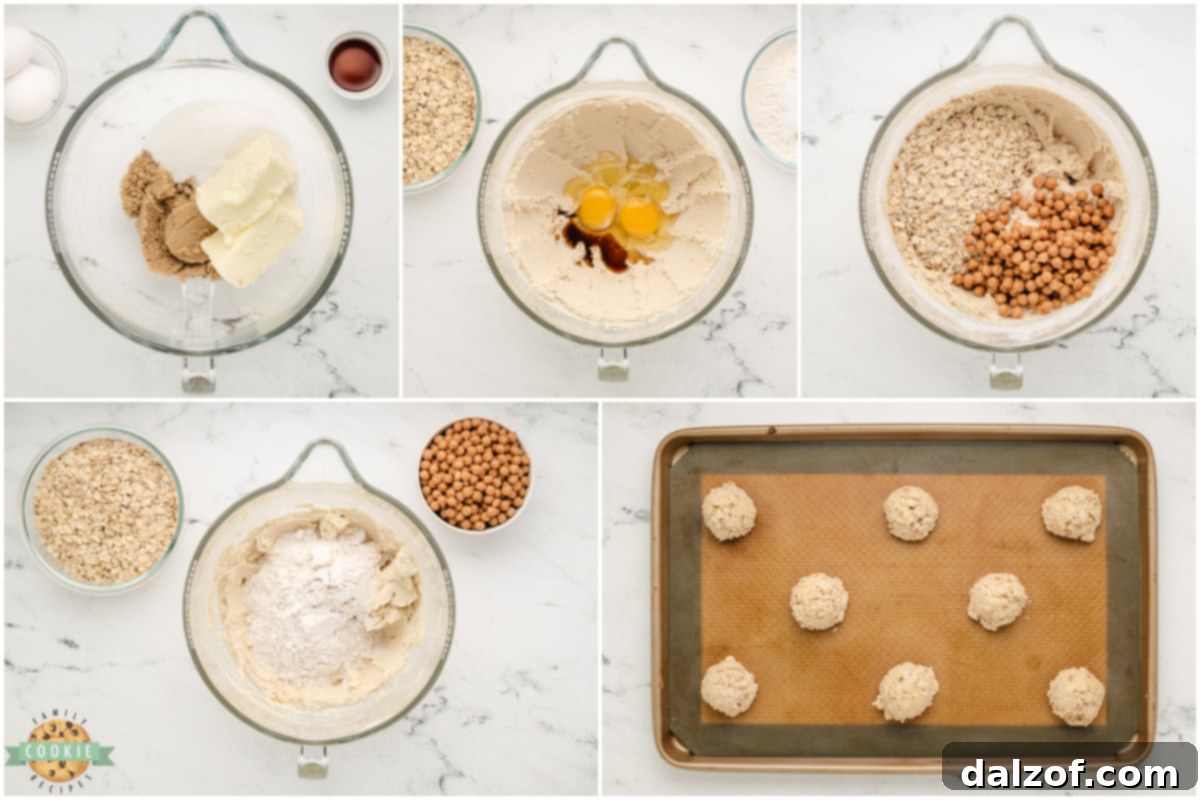 Step-by-step imagery demonstrating the process of making Caramel Oatmeal Cookies from mixing ingredients to baking.