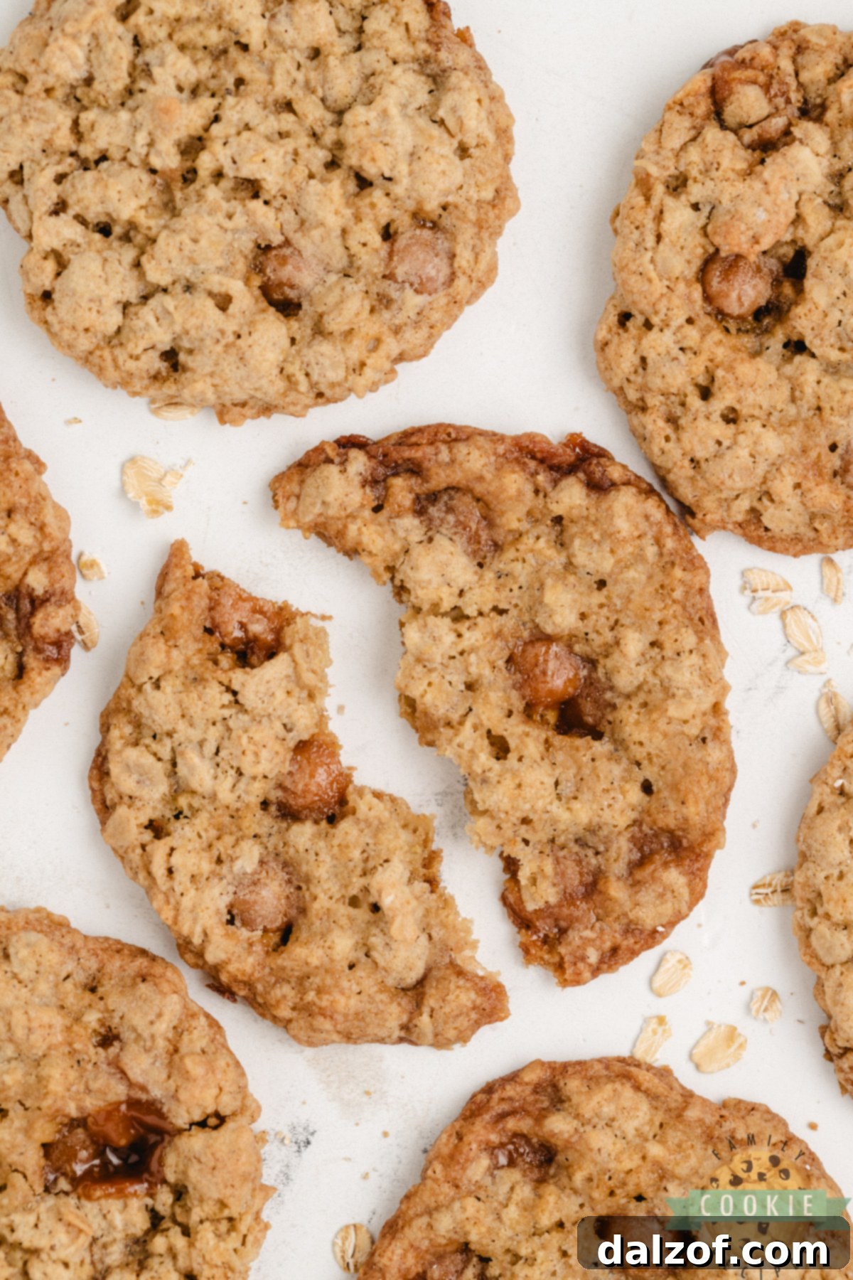 A Caramel Oatmeal Cookie, broken in half, revealing the soft, chewy interior and pockets of melted caramel.