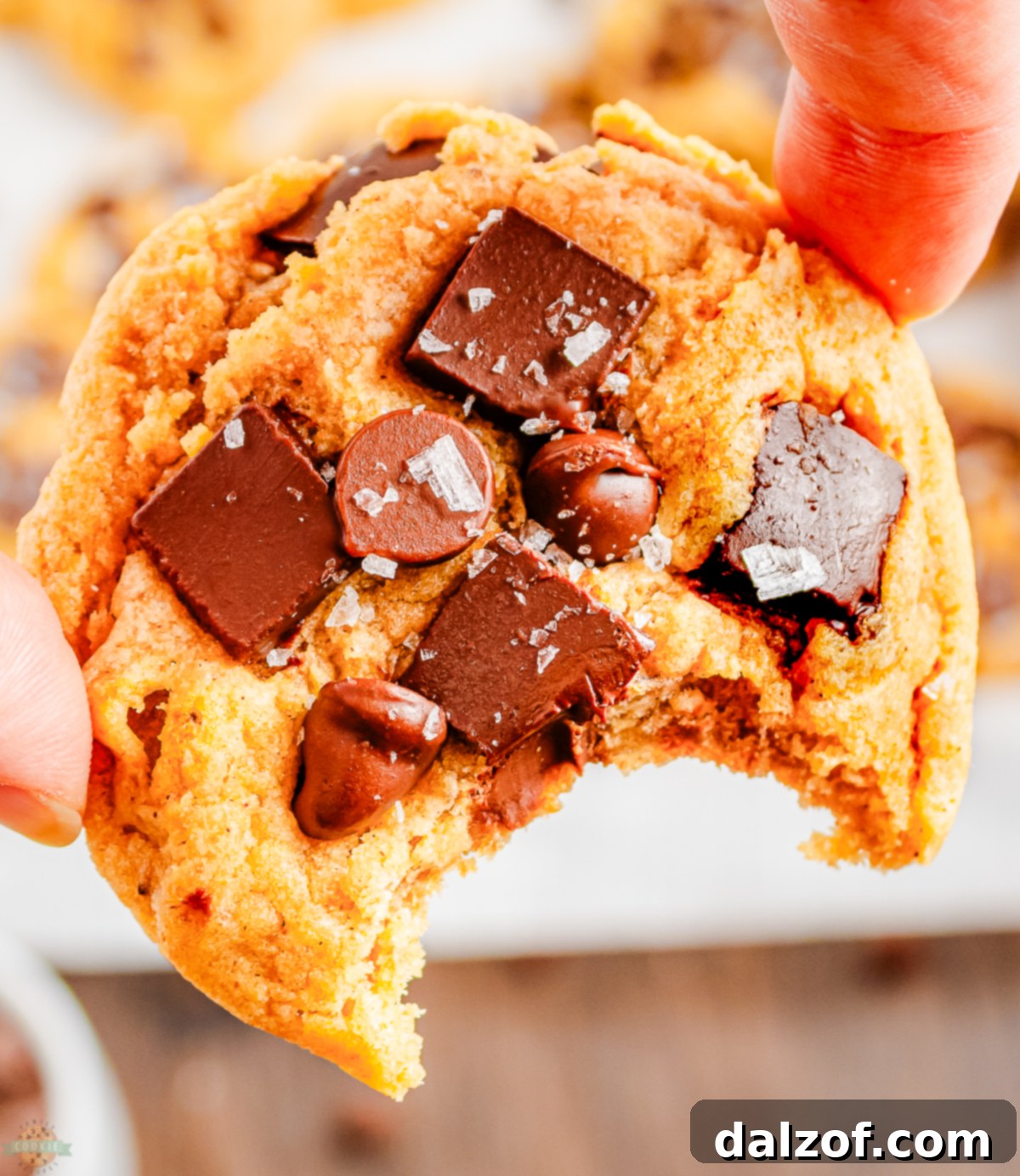 taking a bite out of a brown butter banana chocolate chip cookie