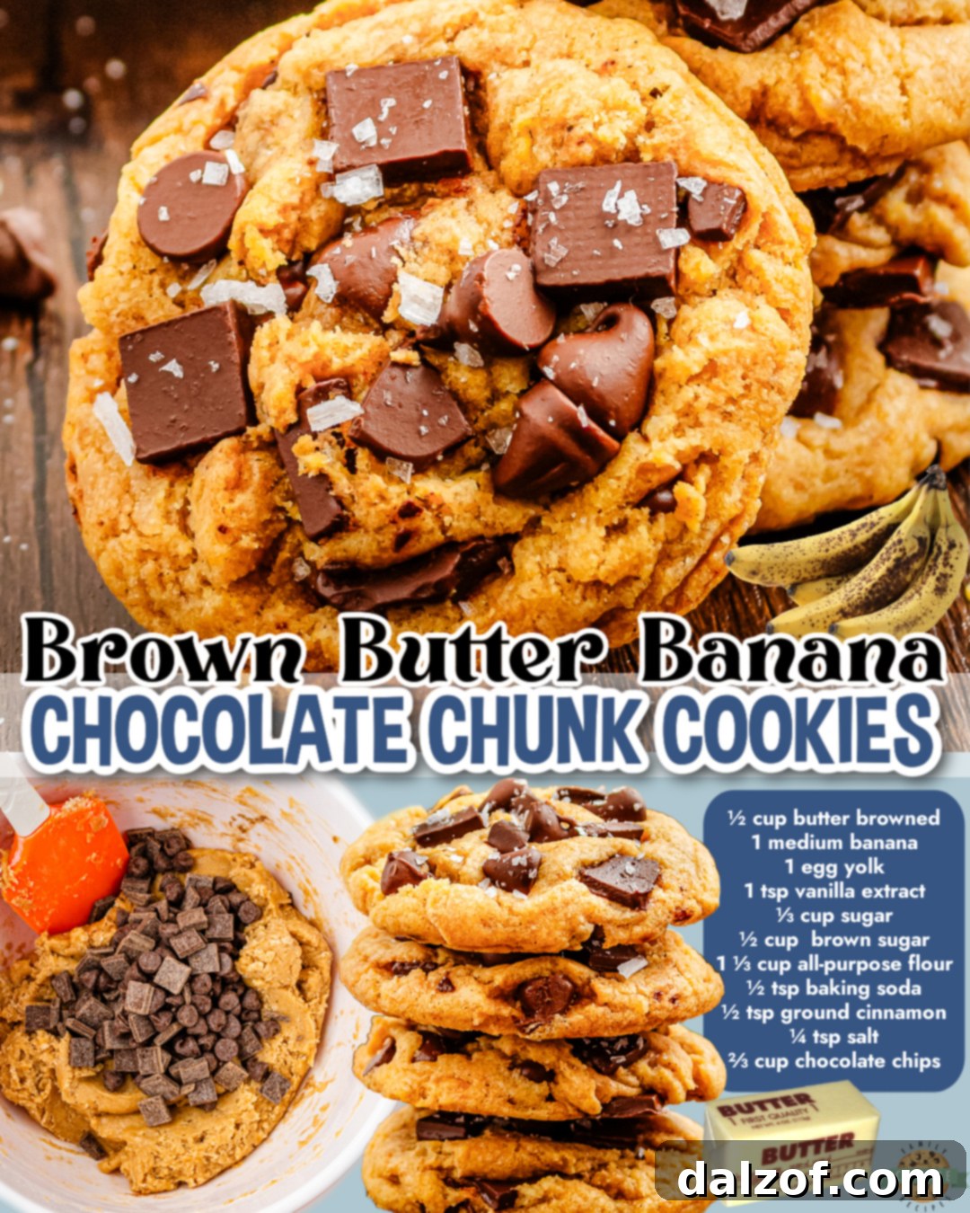 Banana Chocolate Chips Cookies made with browned butter, a ripe banana, & a classic blend of sugars, egg & flour with plenty of chocolate chips!