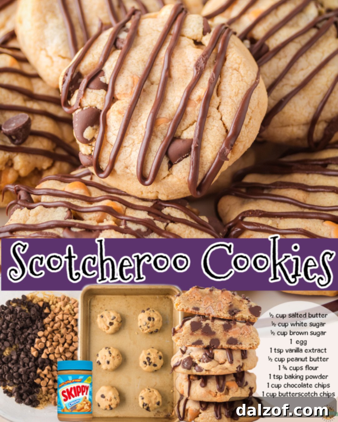 Scotcharoo Cookies have that iconic peanut butter flavor, loaded with both chocolate and butterscotch chips, then finished with a chocolate drizzle! Your favorite krispie treat in cookie form!