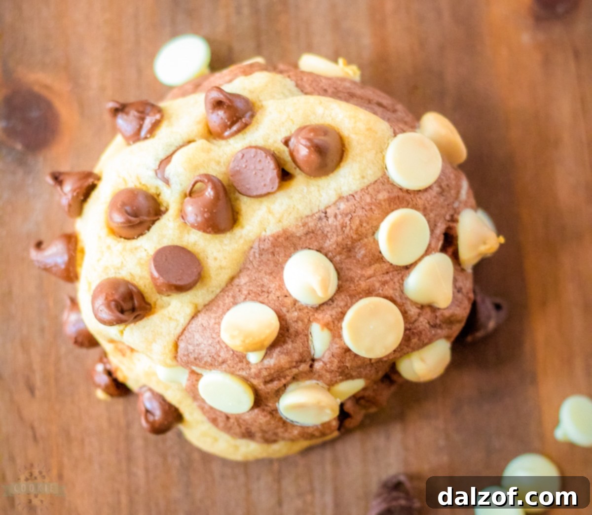 Two giant marbled chocolate chip cookies on a cooling rack, showcasing their distinctive swirl patterns.