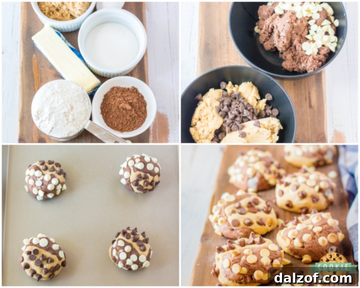 Ingredients laid out for making marbled chocolate chip cookies, including butter, sugars, flour, cocoa powder, and two types of chocolate chips.