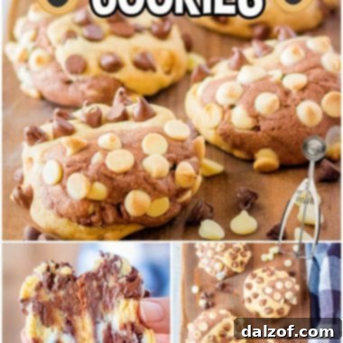 A collage featuring giant marbled chocolate chip cookies, highlighting their unique swirl and delicious appearance.