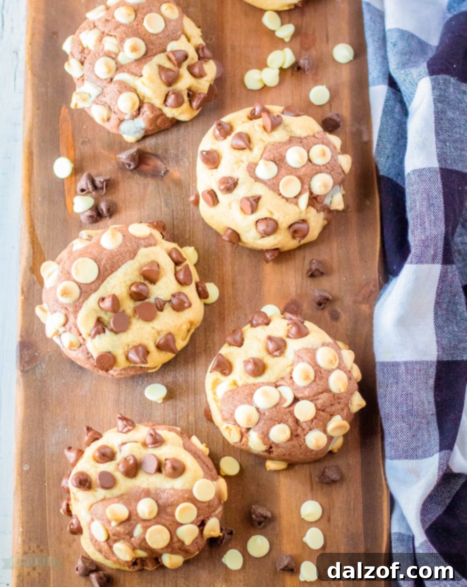 A freshly baked giant marbled chocolate chip cookie sitting on a white plate, ready to be enjoyed.