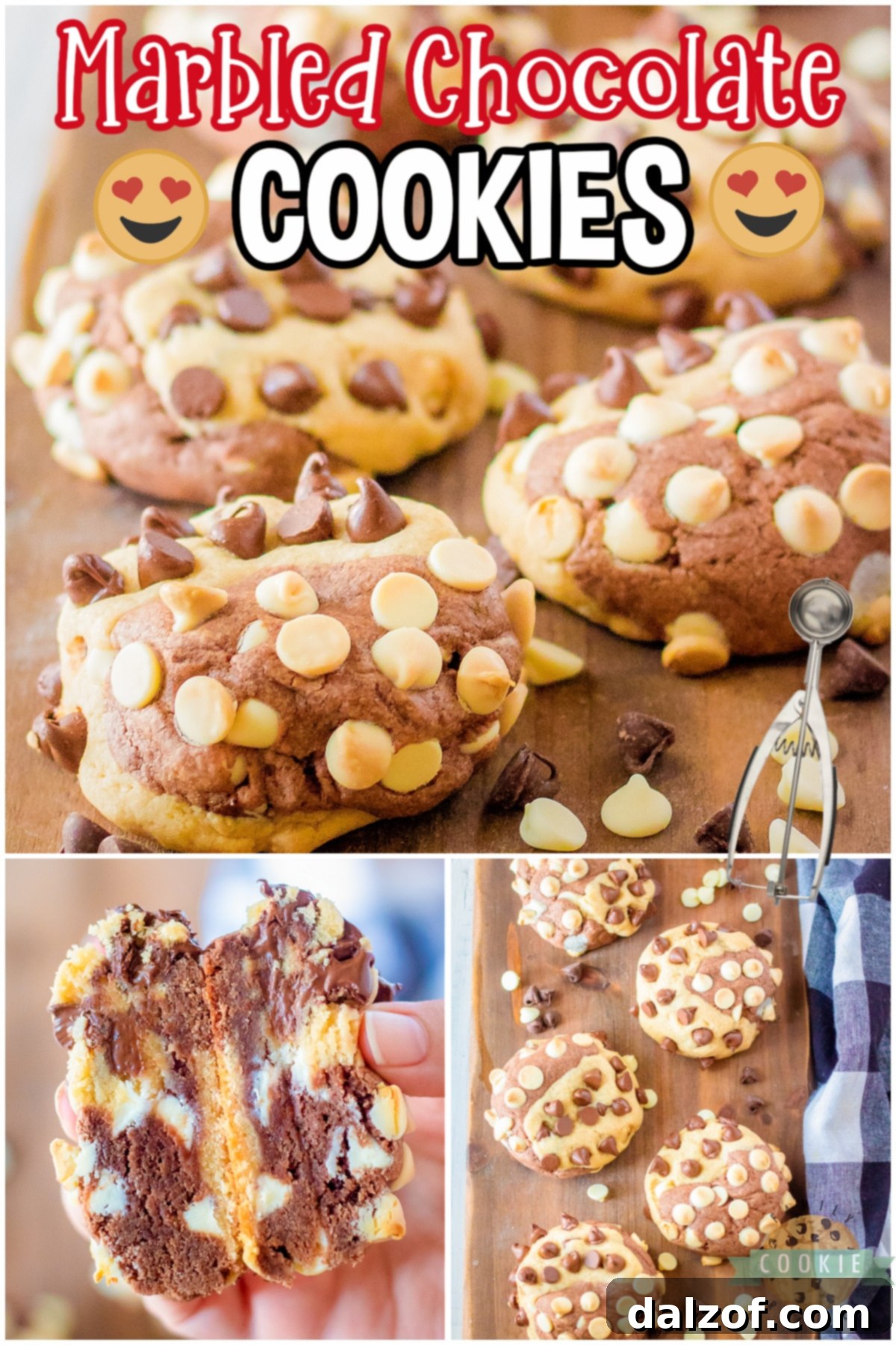 A Pinterest collage-style image featuring multiple shots of Marbled Chocolate Chip Cookies, emphasizing their visual appeal.
