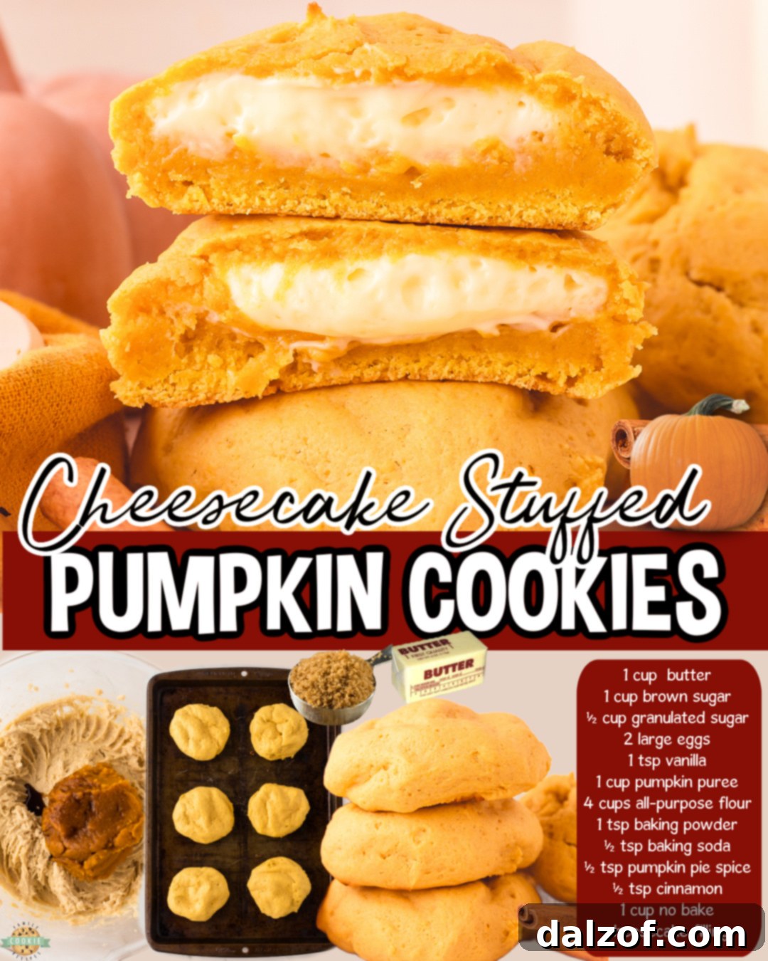 Cheesecake Stuffed Pumpkin Cookies made with spiced pumpkin cookie dough stuffed with sweet cheesecake filling!
