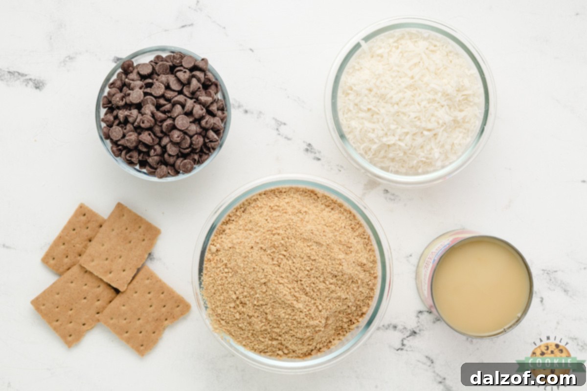Ingredients for Graham Cracker Coconut Cookies laid out on a baking surface, showing the simplicity of this 4-ingredient easy cookie recipe.