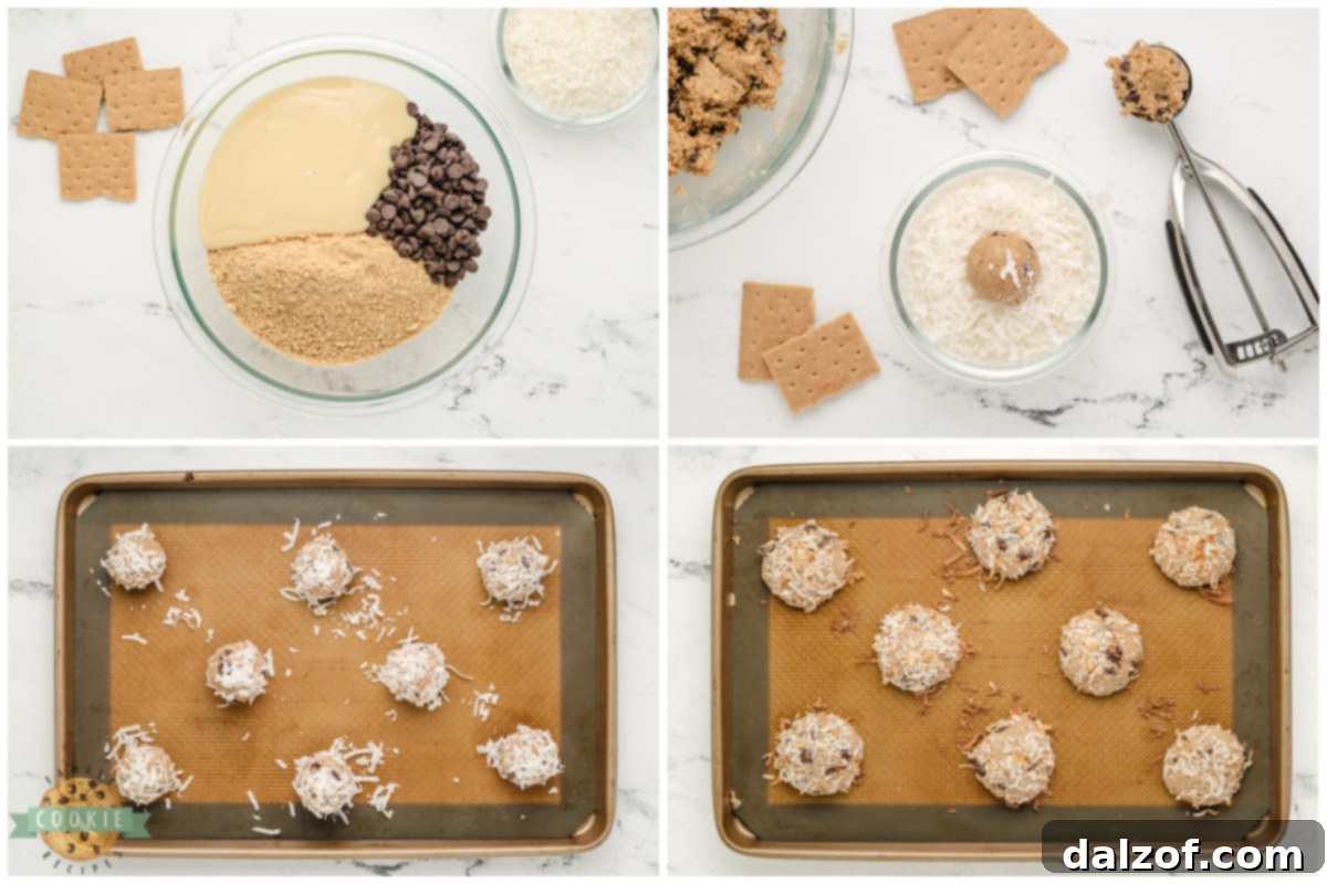 Step by step instructions on how to make Graham Cracker Coconut Cookies, emphasizing the easy process of these homemade treats.
