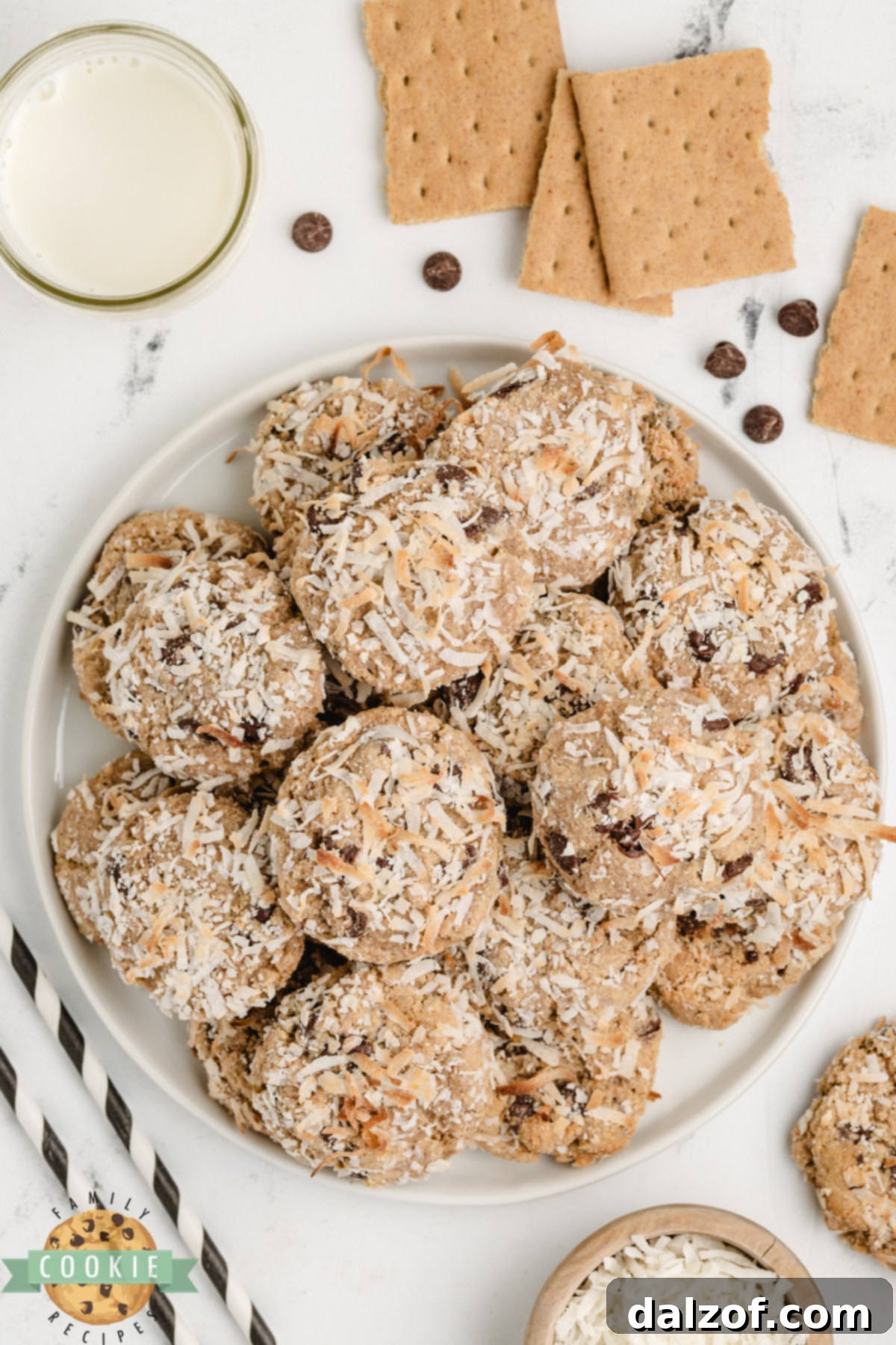 A beautiful plate of finished Graham Cracker Coconut Cookies, showcasing the delicious result of this easy cookie recipe.