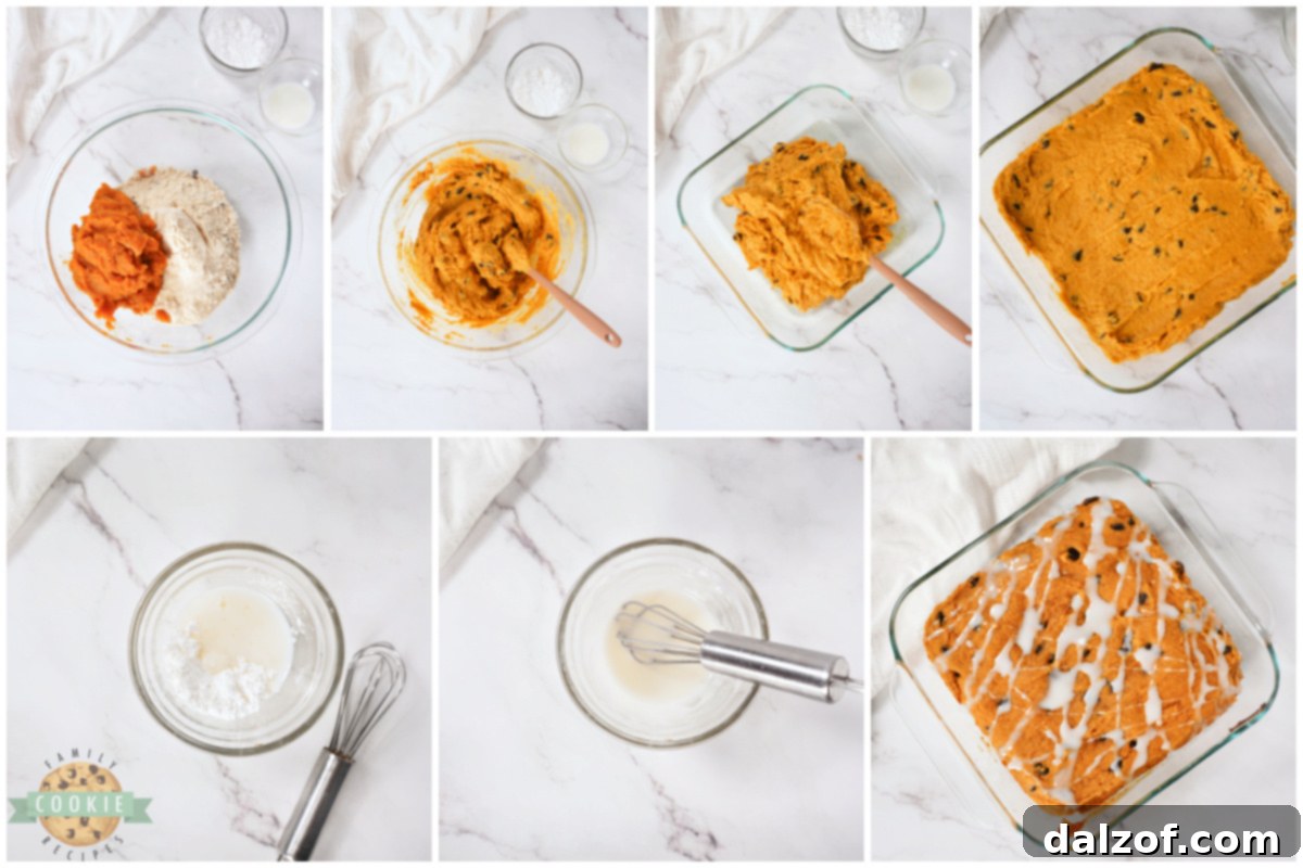 Step-by-step instructions showing the mixing, baking, and glazing process for Pumpkin Chocolate Chip Cookie Bars.