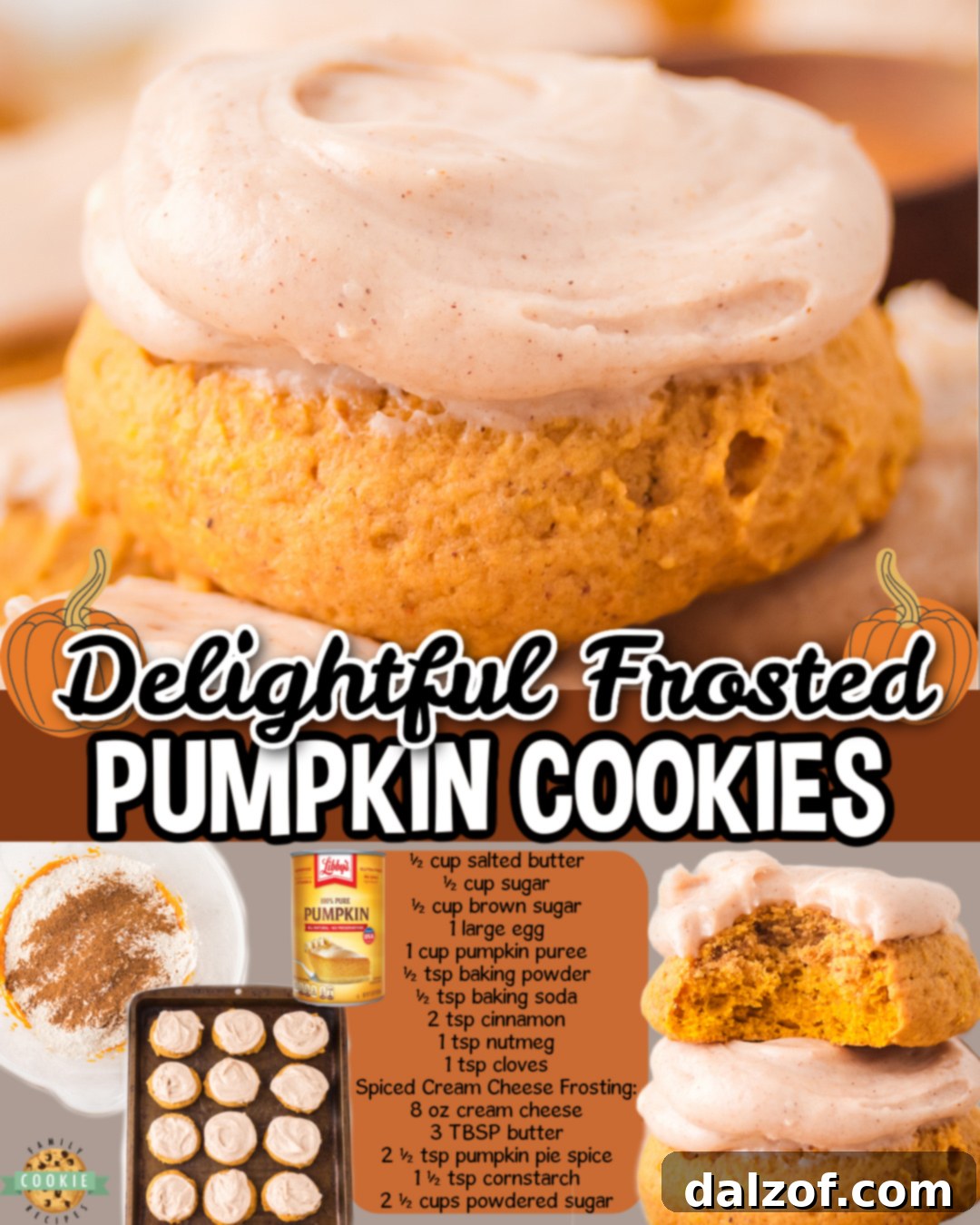 Frosted Pumpkin Cookies made with butter, sugar, pumpkin puree & a warm blend of Fall spices! Soft cookies topped with a spiced cream cheese frosting you'll love!