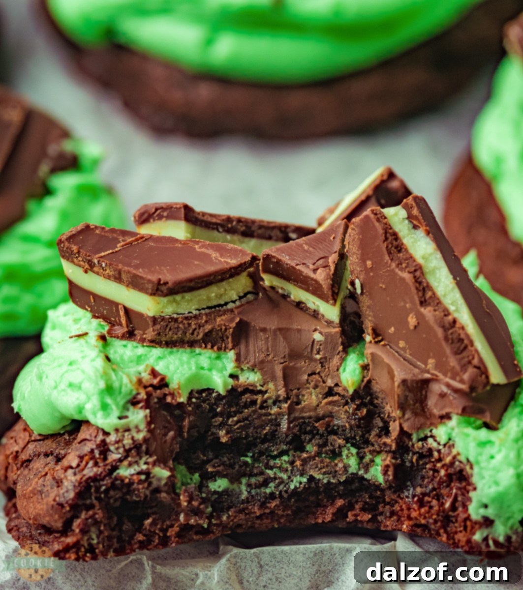 Close-up of a stack of mint chocolate brownie cookies