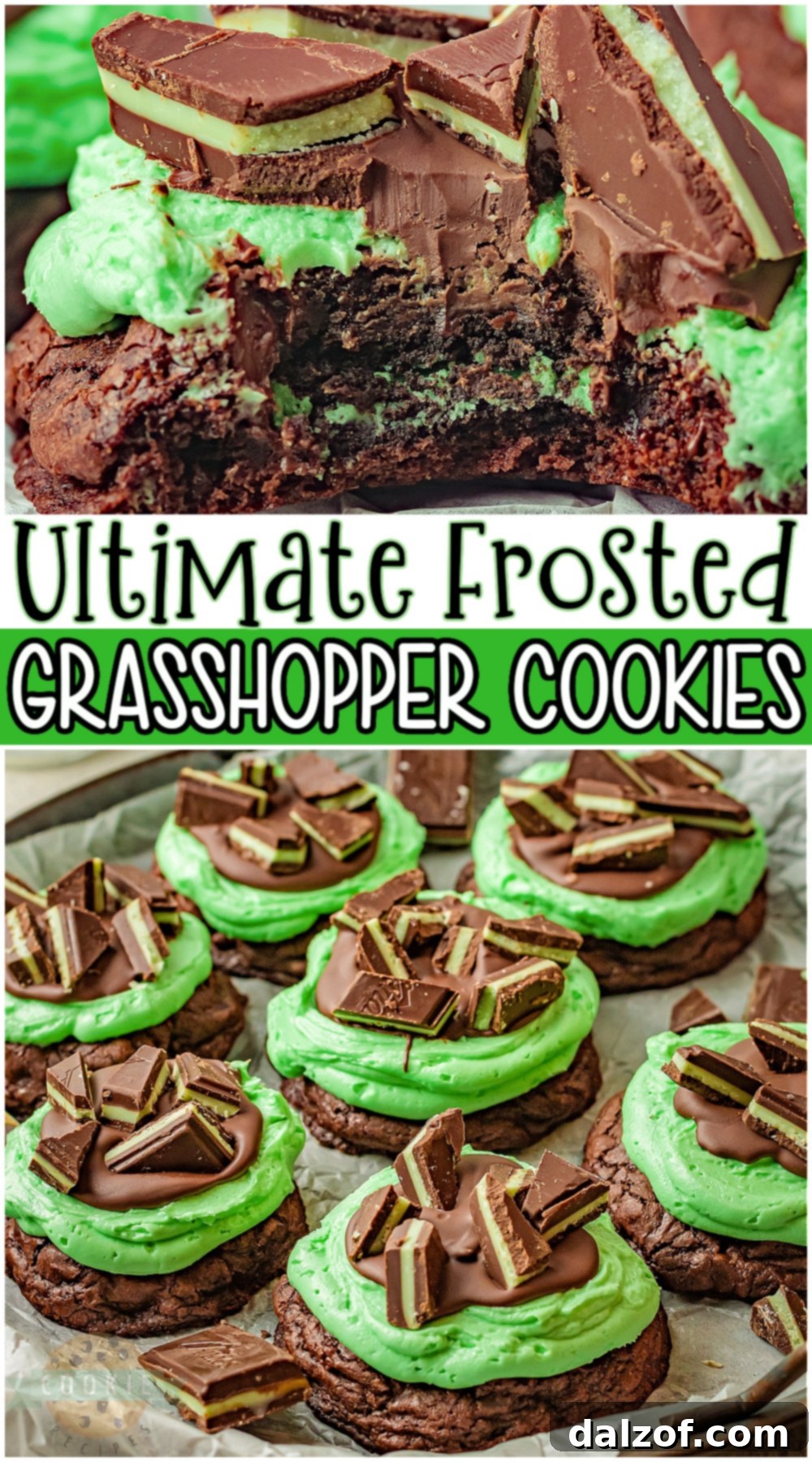 Grasshopper cookie with a bite taken out, revealing the Oreo center
