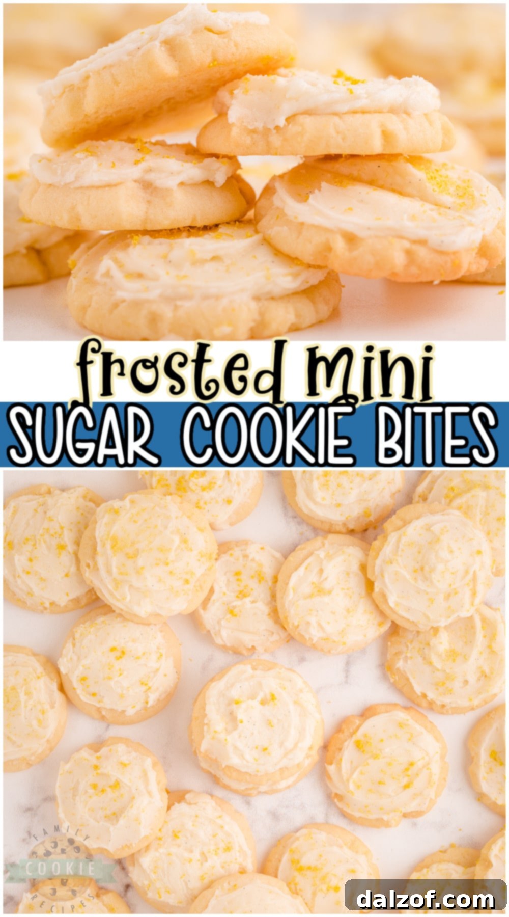 Frosted Mini Sugar Cookie Bites are cute & tasty one-bite soft sugar cookies! Simple cookie recipe that's perfect for a crowd! The creamy frosting is a must!